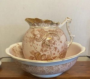 1892 ART NOUVEAU PITCHER AND WASH BASIN BOWL SET MOORE, LEASON Pink Transferware - Picture 1 of 15