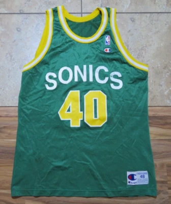 VTG Champion Shawn Kemp Seattle Sonics Jersey Basketball Green White Gold Sz 48 - Image 1 of 4