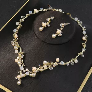 Elegant Golden Pearl Crystal Necklace Earrings Set Wedding Party Pageant Prom - Picture 1 of 5