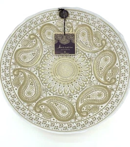 Artistic Accents White Glass Round  Bowl Serving Salad Gold Lace Paisley 13.5" - Picture 1 of 11