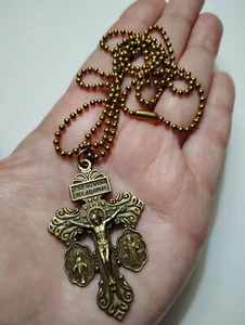Collar de cadena de bola de bronce crucifijo de perdón de 3 vías de bronce + tarjeta de indulgencias - Imagen 1 de 3