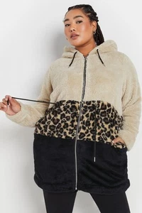 Yours Curve Women's Plus Size Leopard Print Colour Block Fleece Jacket - Picture 1 of 7