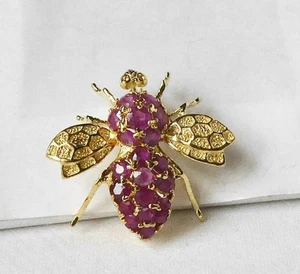14k Gold 1.00 Ct Ruby Bumble Bee Fly Flying Insect Bug Brooch Pendant Pin Signed - Picture 1 of 5