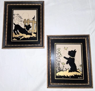 Набор из 2 антикварных черно-золотых картин в рамке с изображением скотти на реверсе - Изображение 1 из 3