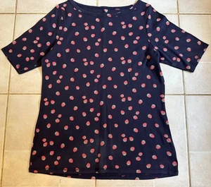 WOMENS M&S BLUE STRAWBERRIES SHORT SLEEVES SCOOP NECK COTTON TOP VGC 16 - Picture 1 of 14