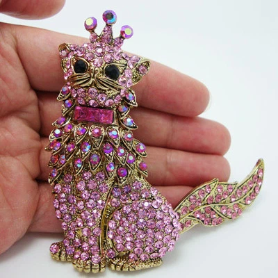 4.5" Cat Crown King Pendant Pin Brooch Pink Rhinestone Crystal Tail Rotatable - Image 1 of 3