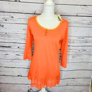 Monoreno Boho Long Sleeve Top Orange W/ Contrast Collar  & Lace Details NWT Lg  - Picture 1 of 11