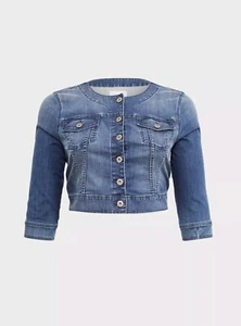 Torrid Med Light Wash Stretch Cropped 3/4 Sleeve Collarless Jean Jacket Size 3X - Picture 1 of 12