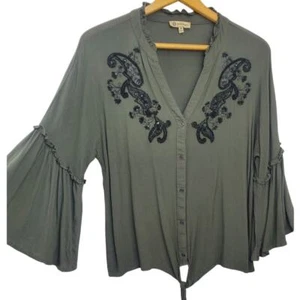 Democracy Top Size M Rayon Olive Green Bell Sleeves Embroidered Beaded Tie Women - Picture 1 of 12