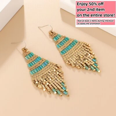 BOHO Seeds Beaded Earrings Fringe Tassel Bohemian Dangle Drop Handmade Jewelry - Image 1 of 4