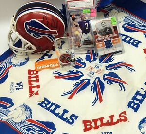 Buffalo Bills Fan LOT AUTOGRAPH Mini Helmet Square Bills Shot Glass Graded Card