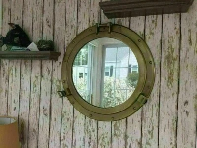 Espejo de ventana decorativo de baño con diseño de ojo de buey/barco de cobre vintage de 24" Foto 1 de 4