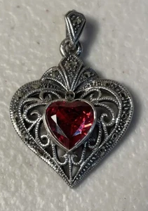 Art Nouveau Sterling Silver Marcasite & Garnet Heart Pendant Beautiful - Picture 1 of 5