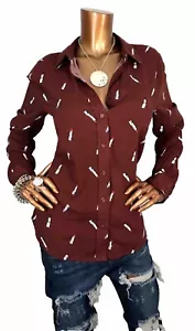 Como Blu M Top NWT Button Up Shirt Collar Blouse Long Slvs Lipsticks Print - Picture 1 of 10