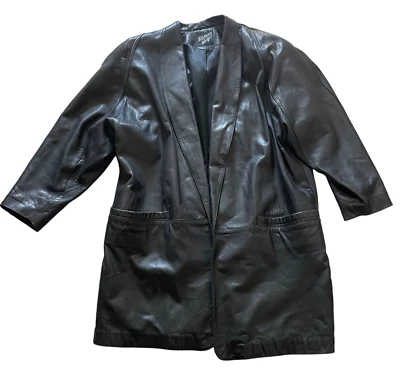 Vintage Tannery West Leather Open Front Blazer Jacket Women's Large Black 80s - Image 1 of 4