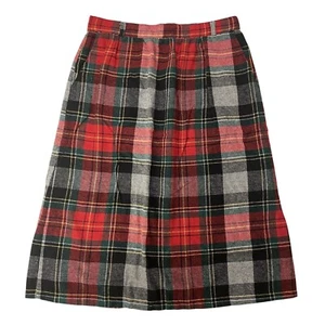 Vtg 70’s RED GREEN PLAID Wool Tweed MoD Preppy Tartan A Line Pocket Skirt MIDI S - Picture 1 of 7