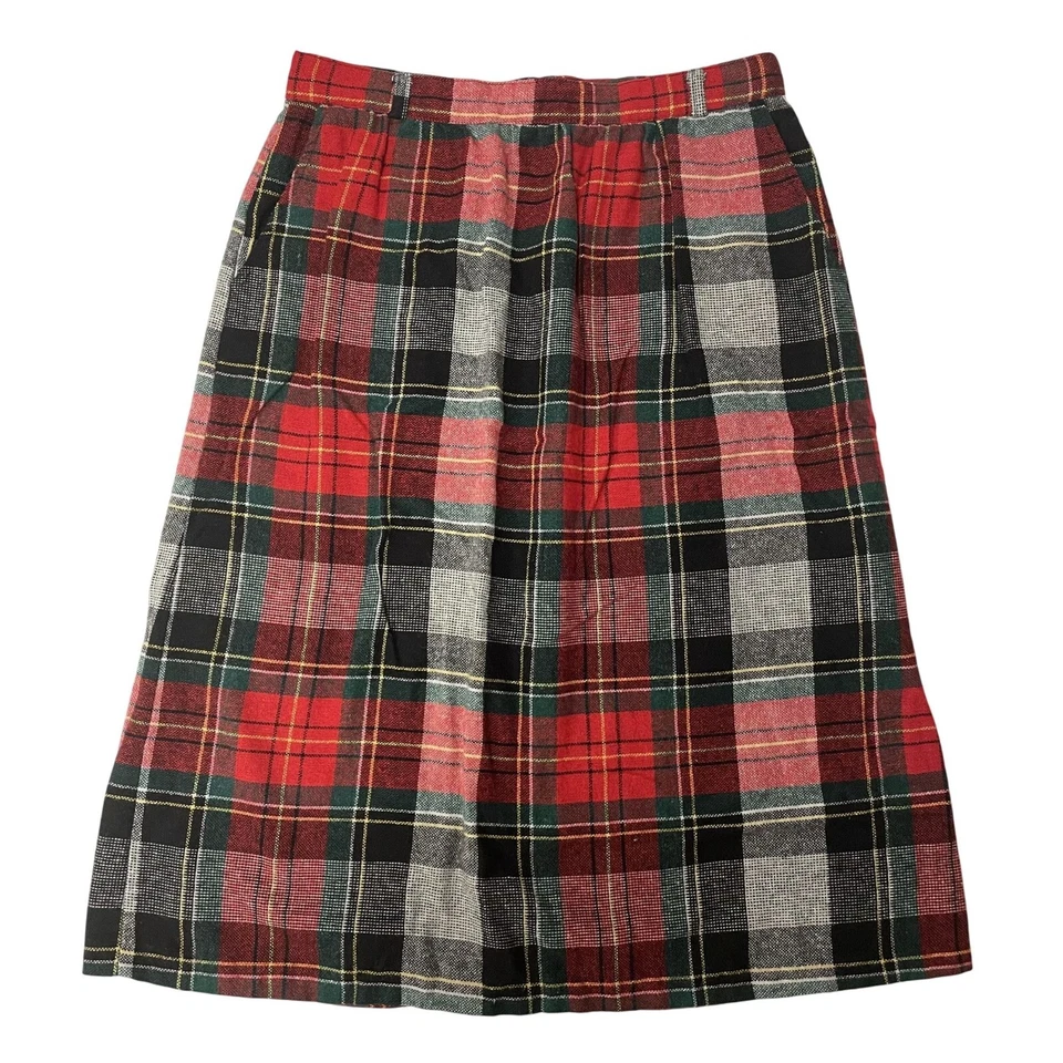 Vtg 70’s RED GREEN PLAID Wool Tweed MoD Preppy Tartan A Line Pocket Skirt MIDI S - Image 1 of 4