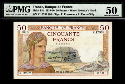 France 50 Francs 1940 Pick-85b About UNC PMG 50 Rare - Image 1 of 2