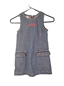 Vintage Oshkosh B Gosh Girls SZ 6 Denim Jumper Dress Blue Embroidered Sleeveless - Picture 1 of 8