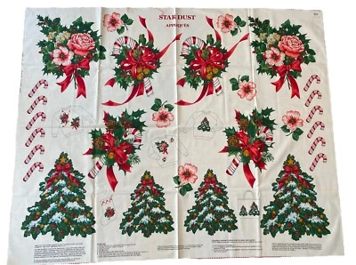 Vintage Christmas Applique Cranston Fabric Panel Iron On GLITTER Candy Cane Tree - Image 1 of 4