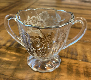 Vintage Glass Sugar Bowl Footed with Etched With Silver Trim And Flowers Mint!