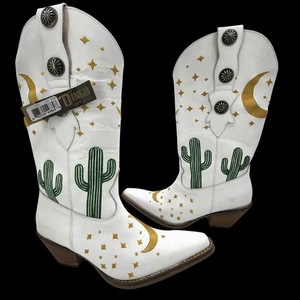 DINGO Pachita Western Boots Womens 8 White Leather Embroidered Cactus NEW READ - Picture 1 of 18