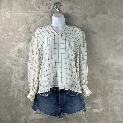 Blusa a cuadros Alice + Olivia Mallie cuello atado para mujer talla grande blanca manga larga Foto 1 de 4