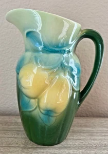 Vintage Royal Copley Pottery Pear/Apple Pitcher Green, Yellow, Blue 1950s 8 In - Picture 1 of 9