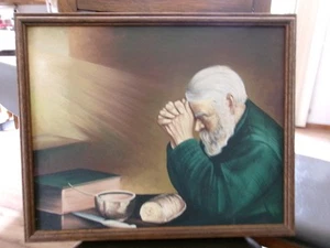 Vntg GRACE Old Man Praying Original Oil Painting Framed 18x22" Enstrom-Bovey MN - Picture 1 of 8