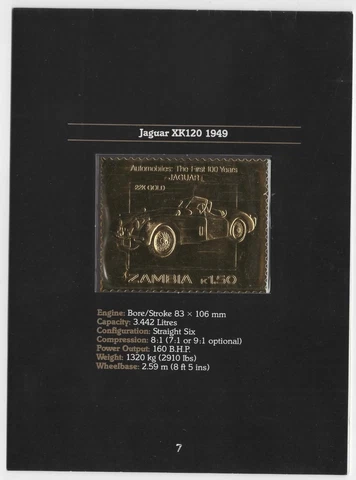 ZAMBIA 1987 , JAGUAR XK120  1942 ,  CLASSIC CAR , 22k GOLD FOIL  ,  Unusual Cover