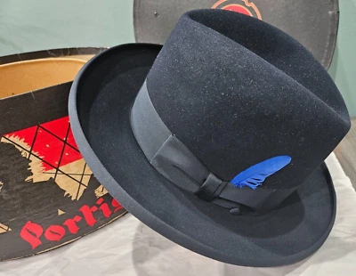 Vintage Rare Portis Fedora Hat Size 7 with Blue Feather-Storage Box Included - Image 1 of 4