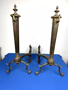 Antique Brass Andirons, Fluted Column & Cabriole Legs 23.25"H Cooking Spit Hook - Picture 1 of 20