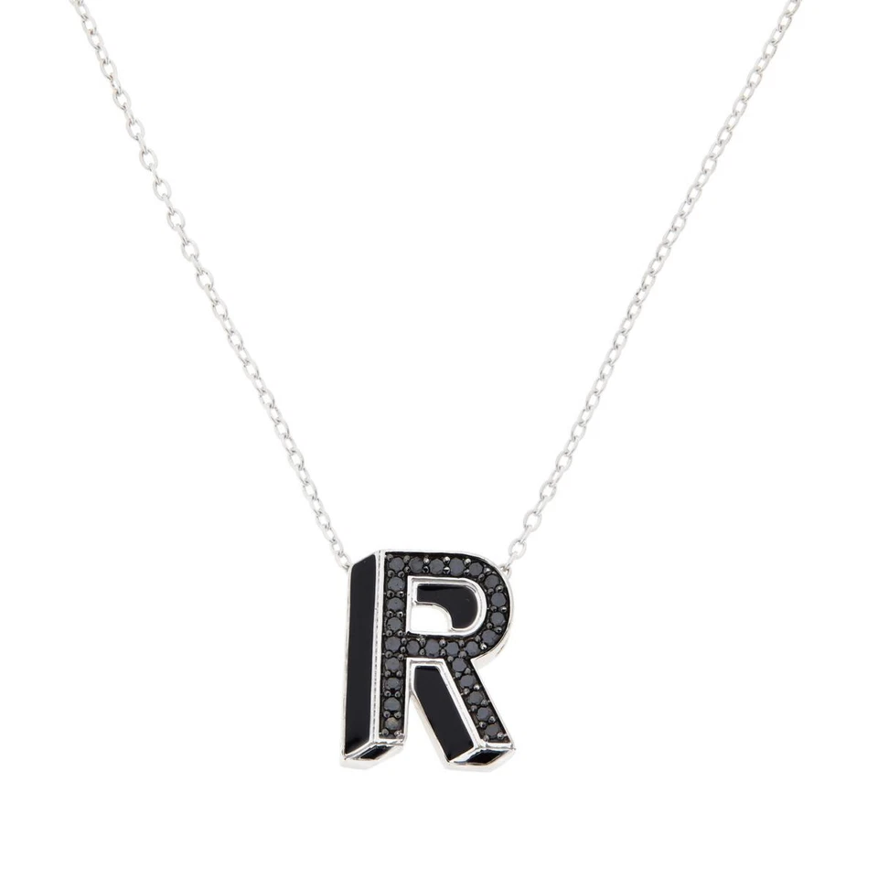 Colar pingente inicial de diamante negro real "R" em prata esterlina 1/4 ctw - Imagem 1 de 1