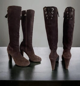 The Original Car Shoe Brown Suede Heeled Knee High Boots Side Zip Laceup Back 38 - Imagen 1 de 17