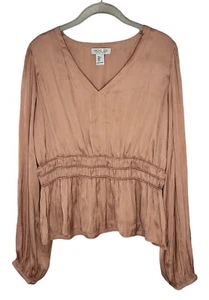Blusa para mujer Rachel Zoe rosa rubor cuello en V satinado manga larga talla grande - Imagen 1 de 6