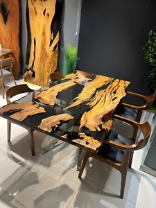 Custom Olive Wood Live Edge Epoxy Dining Table | Smoke Epoxy River Table | Handm - Picture 1 of 11