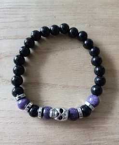 Skull Bracelet Black And Purple Stainless Steel Gothic Skeleton Men Bracelet - Picture 1 of 2
