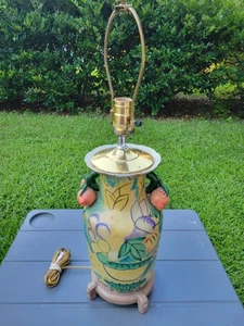Vintage Oriental 26" Handpainted Brass & Ceramic, Wood Base Pomegranate Handles - Picture 1 of 10