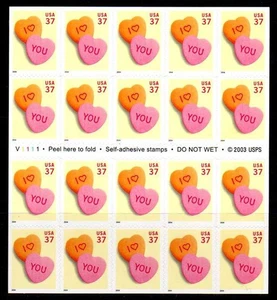 USA Scott 3833a Complete Self Adhesive Pane,  37¢ Candy Hearts - Picture 1 of 1