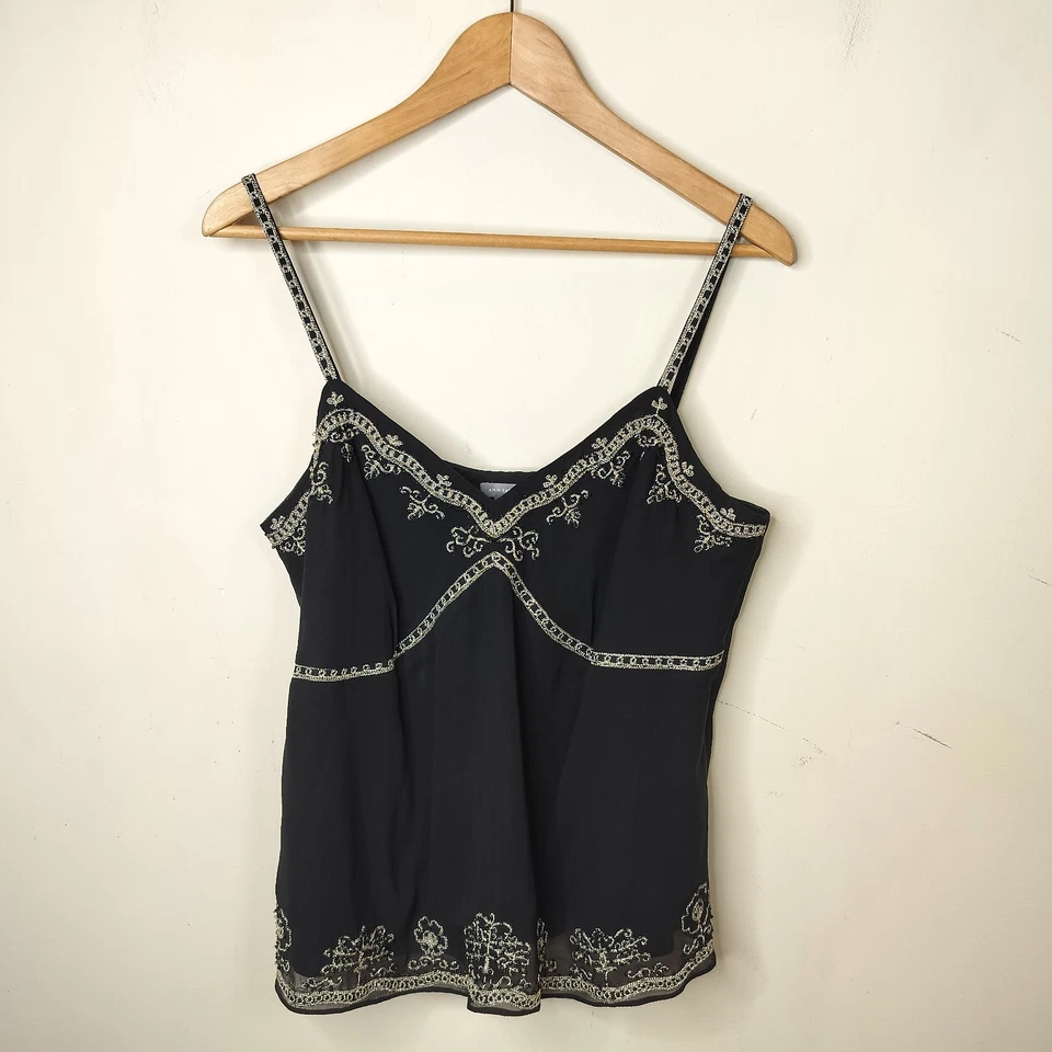 Ann Taylor Black Silk Tank Top Size 12 Women's Gold Embroidered + Beaded Cami - Image 1 of 4
