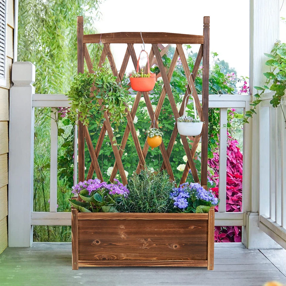 Wooden Flower Planter Stand with Plant Climbing Trellis Shelf for Garden Outdoor - Image 1 of 4