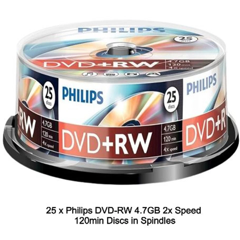 Philips DVD+RW 4.7GB 120Min Rewritable 4x Speed 25s Blank Disc Spindle Tub LOT - Image 1 of 1