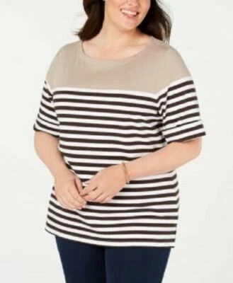 Karen Scott Womens T Shirt Top Plus 3X Brown Stripe Boat Neck Cuff Sleeve NEW - Image 1 of 3