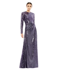 ABITO DRAPPEGGIATO MAC DUGGAL CON PAILLETTES COLLO ALTO MANICA LUNGA 10824 TAGLIA 2 Ametista Nuovo con etichette - Foto 1 di 11