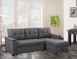 Reversible Sleeper Sectional Sofa Linen Sofa Lounge Bed with Storage Chaise - Picture 1 of 7