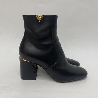 Louis Vuitton Women Black Ankle Boots Leather Zip Square Toe Booties Sz EUR 38.5 - Image 1 of 4