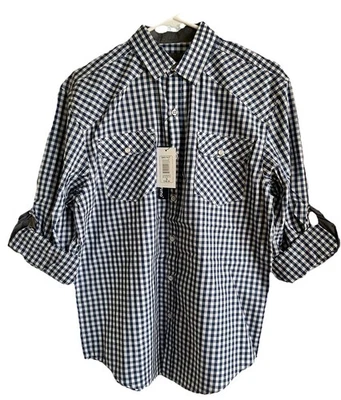NUEVO CON ETIQUETAS BRUNO $50 Para hombres SM Azul Marino Cuadros Informal Manga Enrollable Camisa Abotonada Foto 1 de 4