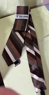 Stacy Adams Men's Tie and Hanky Set Brown/Gold Plaid Stripes 3.25" - Image 1 of 4