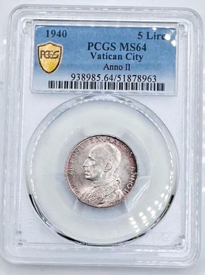 1940 II Vatican City Silver 5 Lire PCGS MS64 🔥Only 84,100 Minted🔥Pope Pius XII - Image 1 of 4