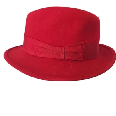 Vintage Style 100% Felted Wool Red Fedora Hat with Bow Bold Statement Piece - Image 1 of 4